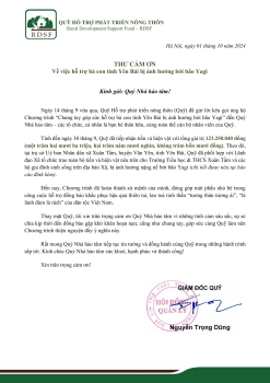 Thư cảm ơn về việc hỗ trợ bà con tỉnh Yên Bái bị ảnh hưởng bởi bão Yagi